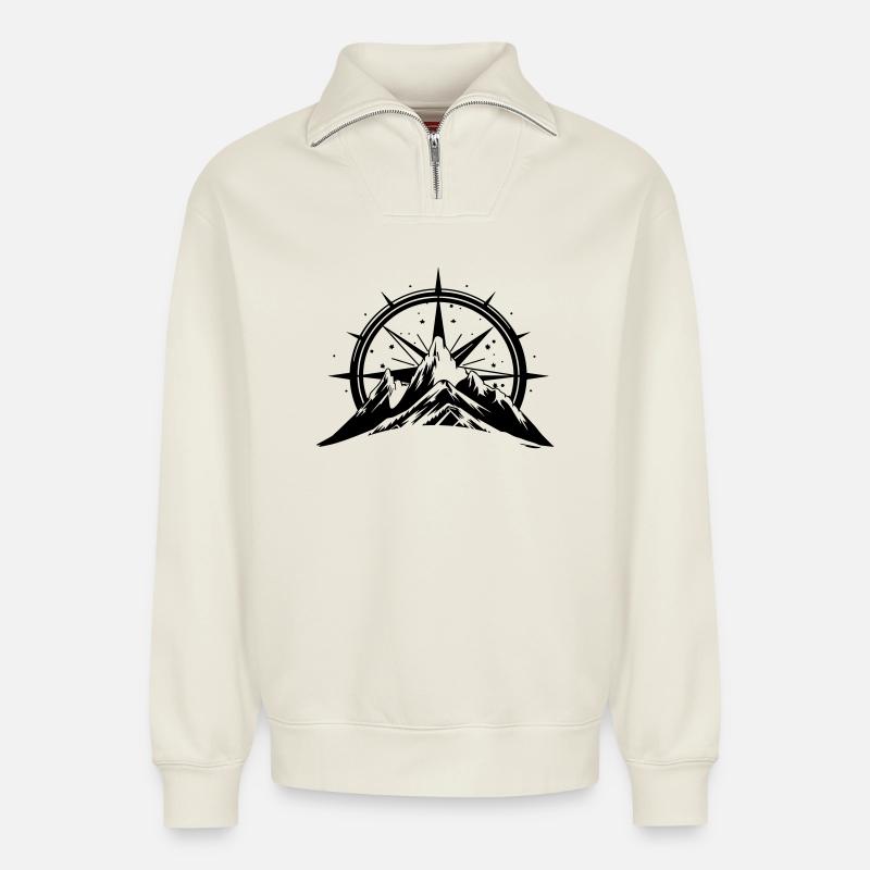 Compass With Mountain Silhouette - Relaxed Unisex Organic Half Zip Sweatshirt – von SPREAD - Naturweiß