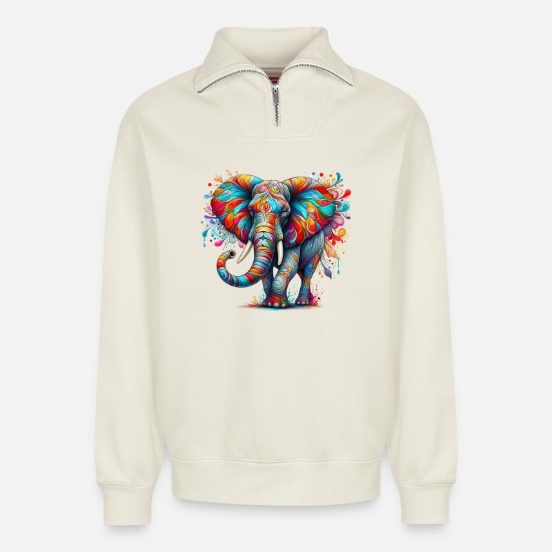 Éléphant - Sweat unisexe décontracté en coton biologique à demi-zip – de SPREAD - blanc cassé