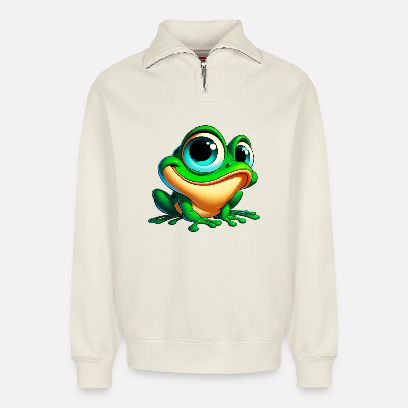 Frosch - Relaxed Unisex Organic Half Zip Sweatshirt – von SPREAD - Naturweiß