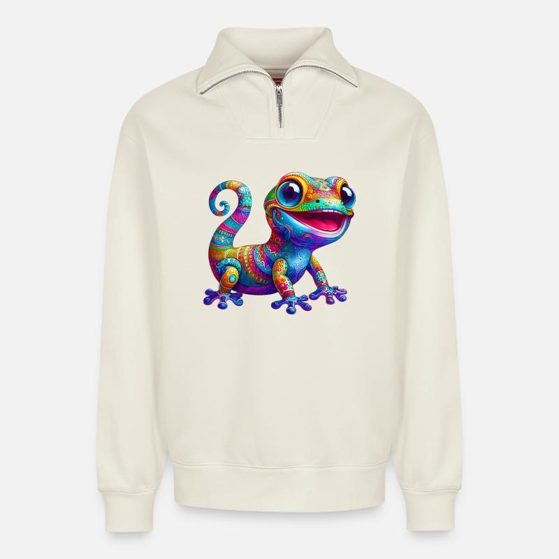 Gecko - Sweat unisexe décontracté en coton biologique à demi-zip – de SPREAD - blanc cassé