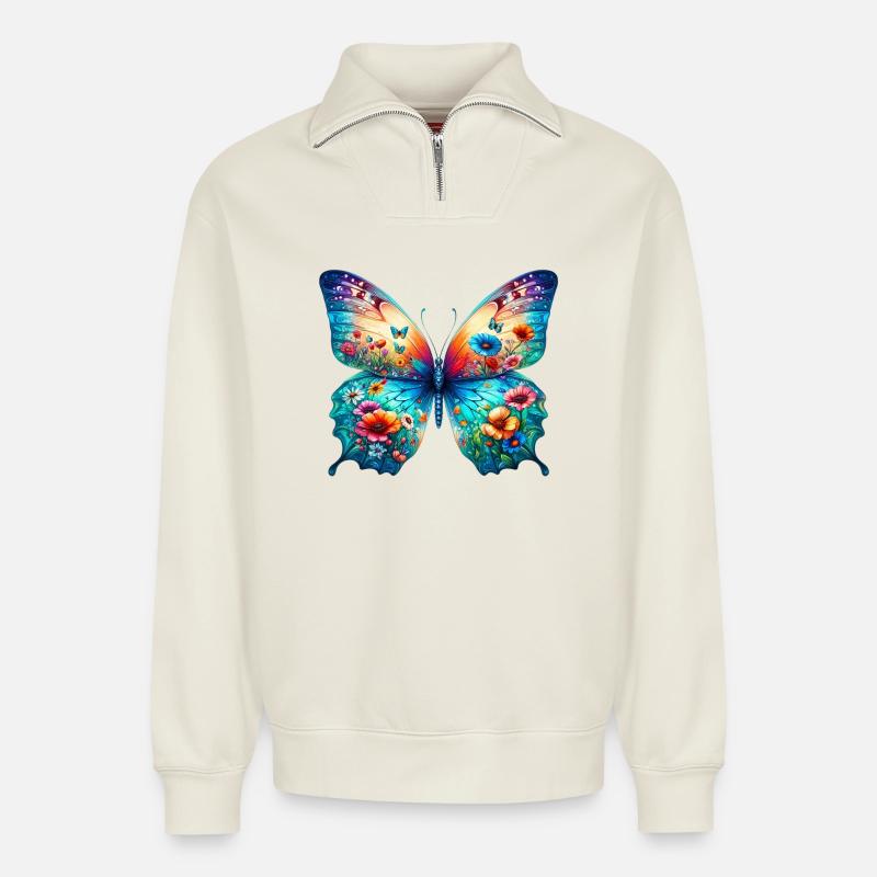 Schmetterling - Relaxed Unisex Organic Half Zip Sweatshirt – von SPREAD - Naturweiß