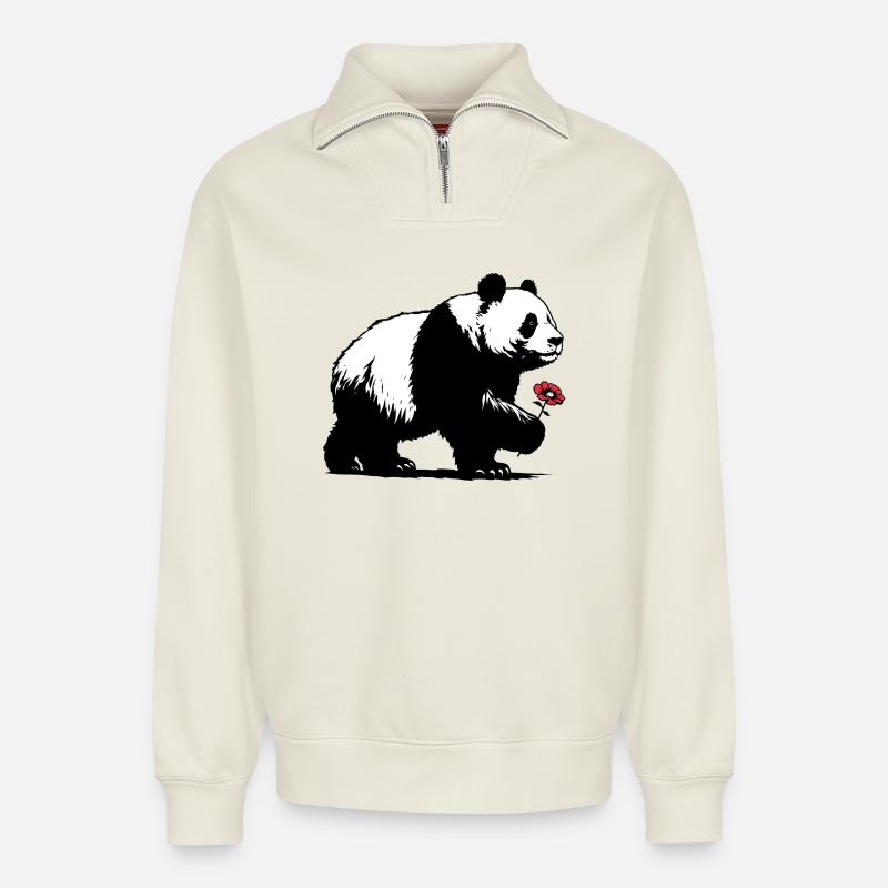 Panda - Relaxed Unisex Organic Half Zip Sweatshirt – von SPREAD - Naturweiß