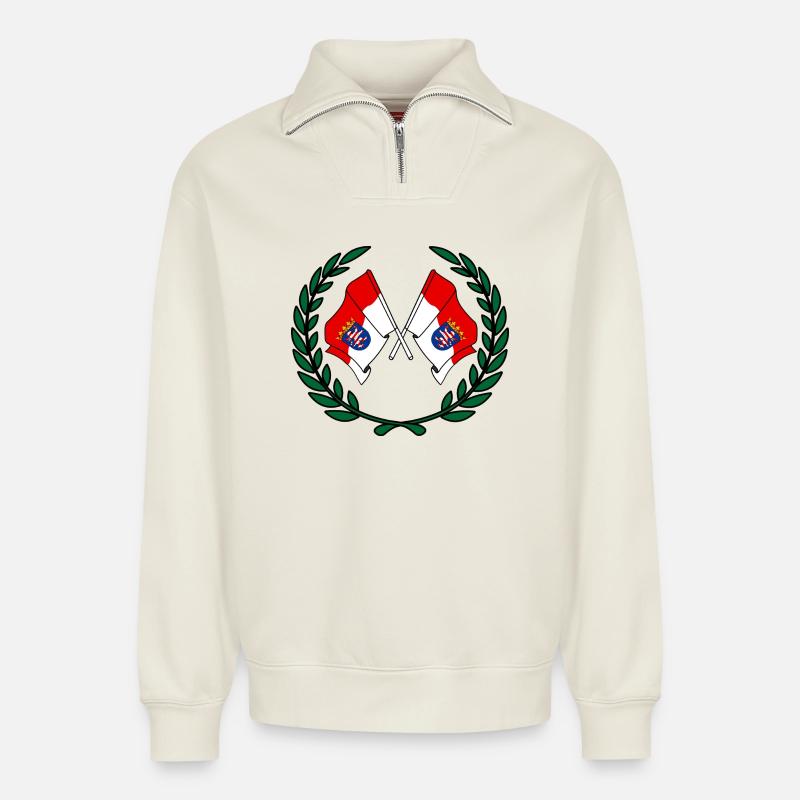 Flags Hesse laurel wreath - Relaxed Unisex Organic Half Zip Sweatshirt – by SPREAD - off white
