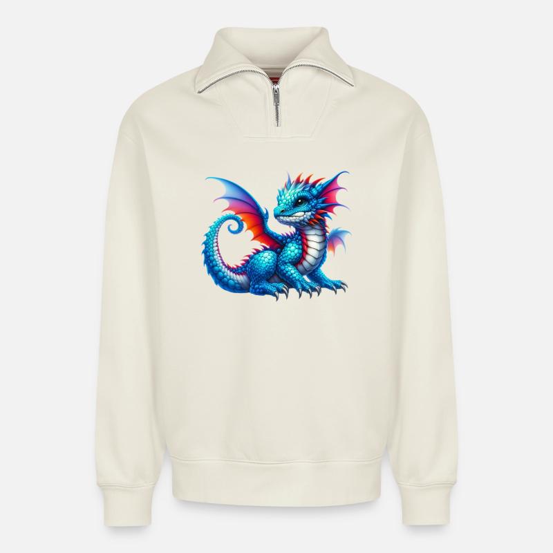 Drache - Relaxed Unisex Organic Half Zip Sweatshirt – von SPREAD - Naturweiß