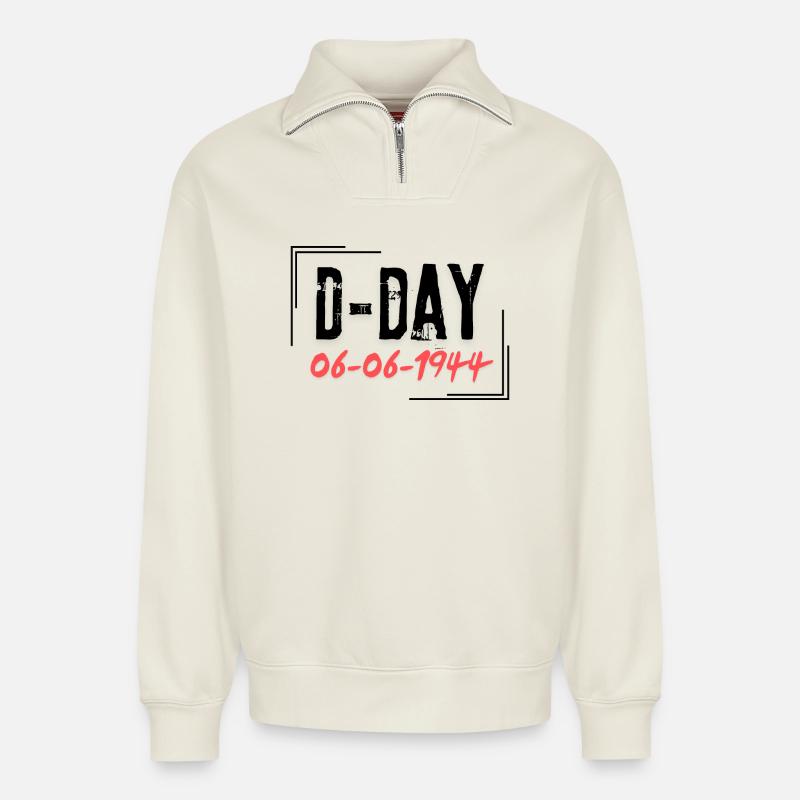 D-Day - Relaxed Unisex Organic Half Zip Sweatshirt – von SPREAD - Naturweiß