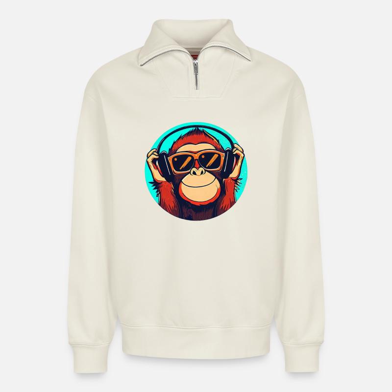 Singe - Sweat unisexe décontracté en coton biologique à demi-zip – de SPREAD - blanc cassé