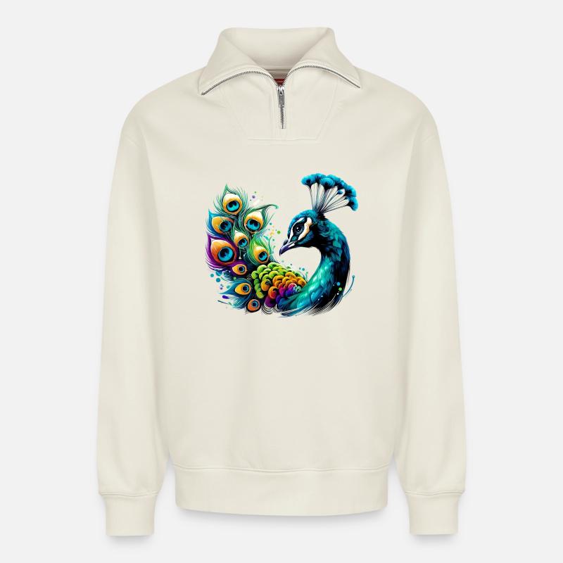 Pfau - Relaxed Unisex Organic Half Zip Sweatshirt – von SPREAD - Naturweiß