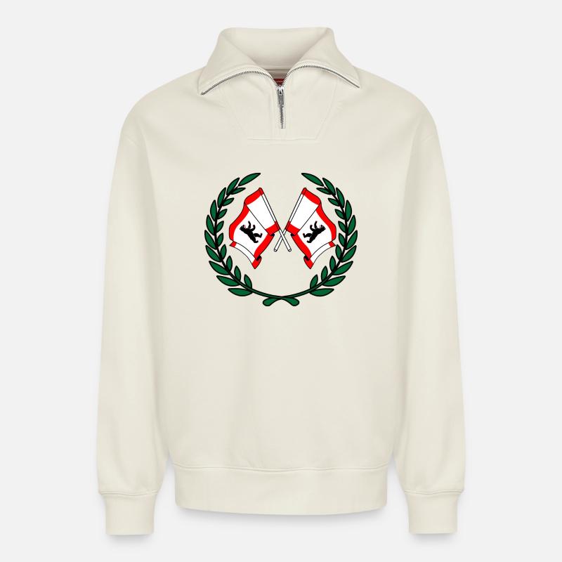 Fahnen Berliner Lorbeerkranz - Relaxed Unisex Organic Half Zip Sweatshirt – von SPREAD - Naturweiß