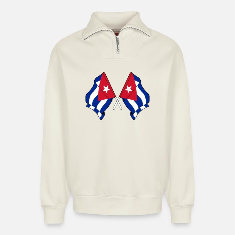 Zwei Flaggen Kuba - Relaxed Unisex Organic Half Zip Sweatshirt – von SPREAD - Naturweiß