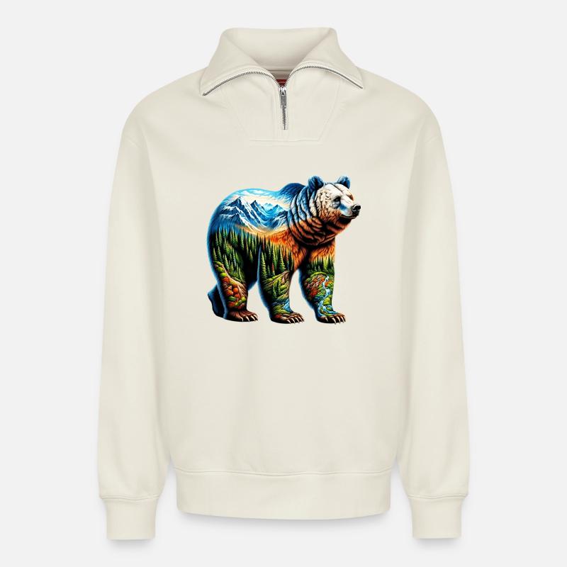 Ours - Sweat unisexe décontracté en coton biologique à demi-zip – de SPREAD - blanc cassé