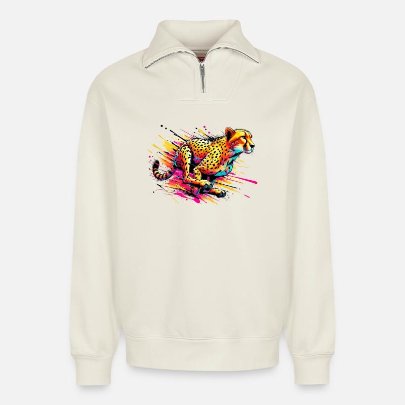 Guépard - Sweat unisexe décontracté en coton biologique à demi-zip – de SPREAD - blanc cassé