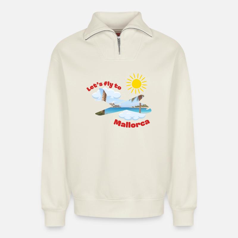 Let's fly to Mallorca - Relaxed Unisex Organic Half Zip Sweatshirt – von SPREAD - Naturweiß