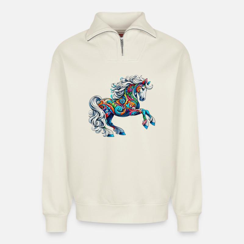 Cheval - Sweat unisexe décontracté en coton biologique à demi-zip – de SPREAD - blanc cassé