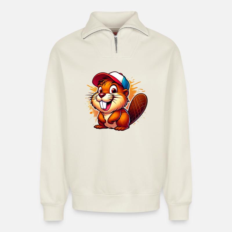 Biber mit Baseballkappe - Relaxed Unisex Organic Half Zip Sweatshirt – von SPREAD - Naturweiß