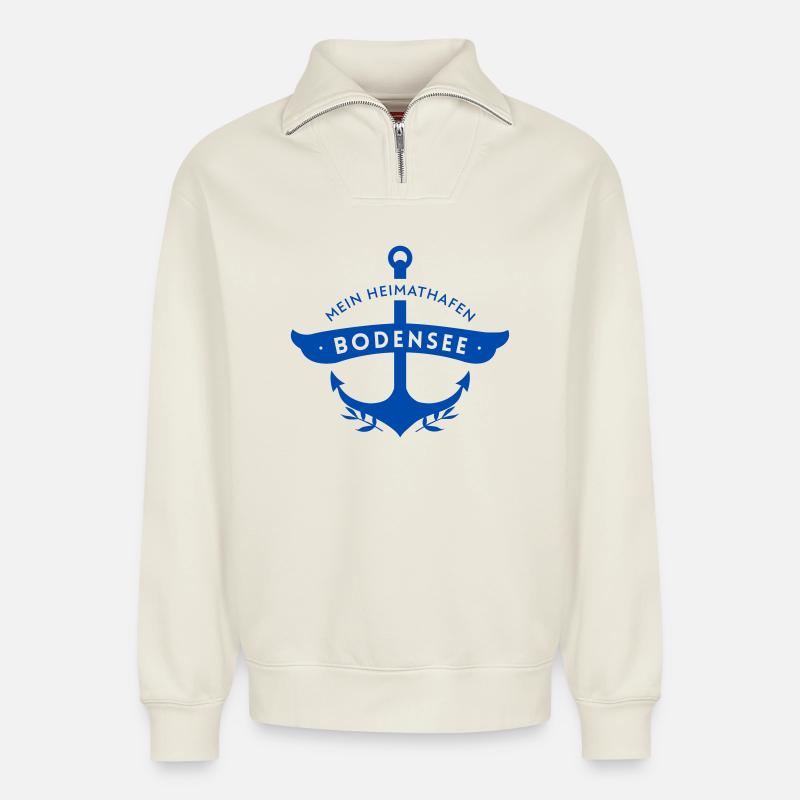 Mein Heimathafen Bodensee mit Anker - Relaxed Unisex Organic Half Zip Sweatshirt – von SPREAD - Naturweiß