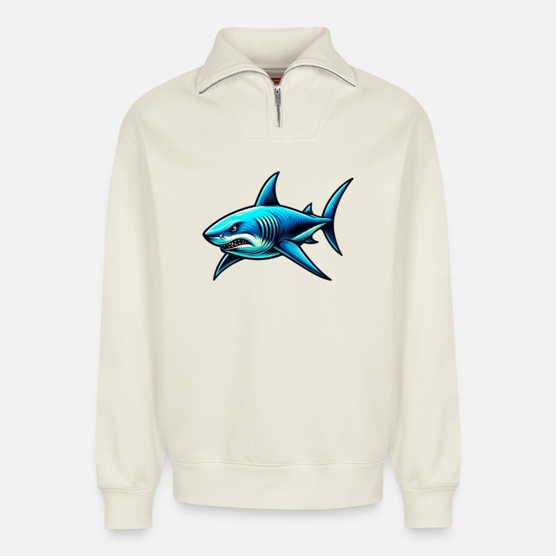 Requin - Sweat unisexe décontracté en coton biologique à demi-zip – de SPREAD - blanc cassé