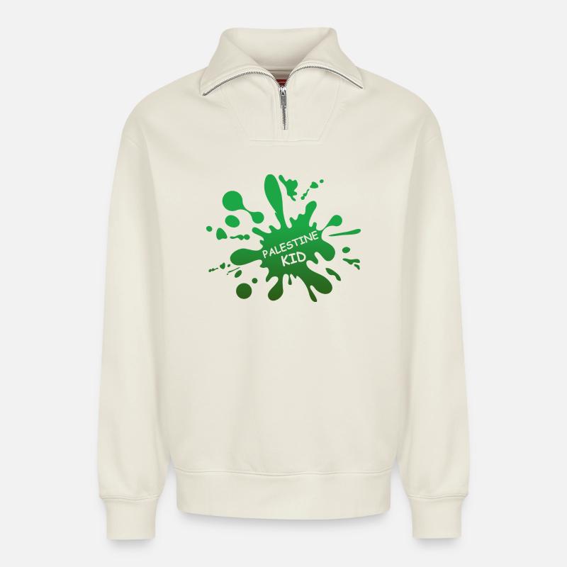 Palestine Kid Splash - Sweat unisexe décontracté en coton biologique à demi-zip – de SPREAD - blanc cassé
