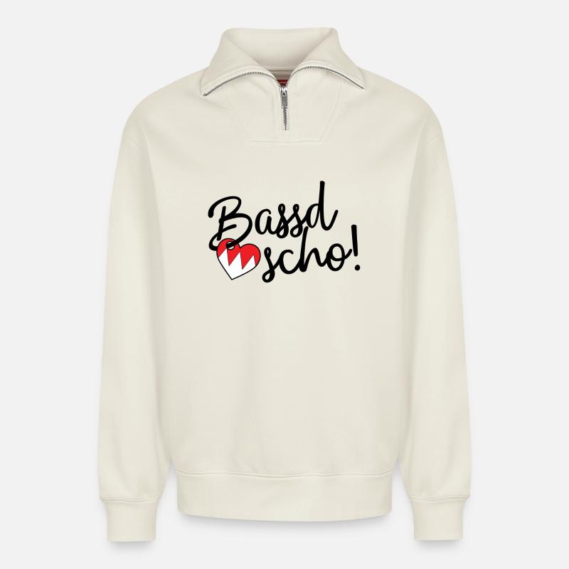 Bassd scho! - Relaxed Unisex Organic Half Zip Sweatshirt – von SPREAD - Naturweiß