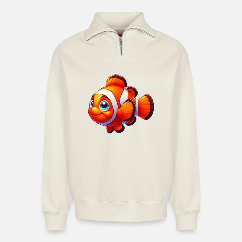 Poisson-clown - Sweat unisexe décontracté en coton biologique à demi-zip – de SPREAD - blanc cassé