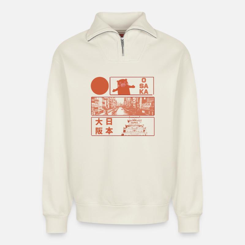 Visit Osaka Castle - Relaxed Unisex Organic Half Zip Sweatshirt – von SPREAD - Naturweiß
