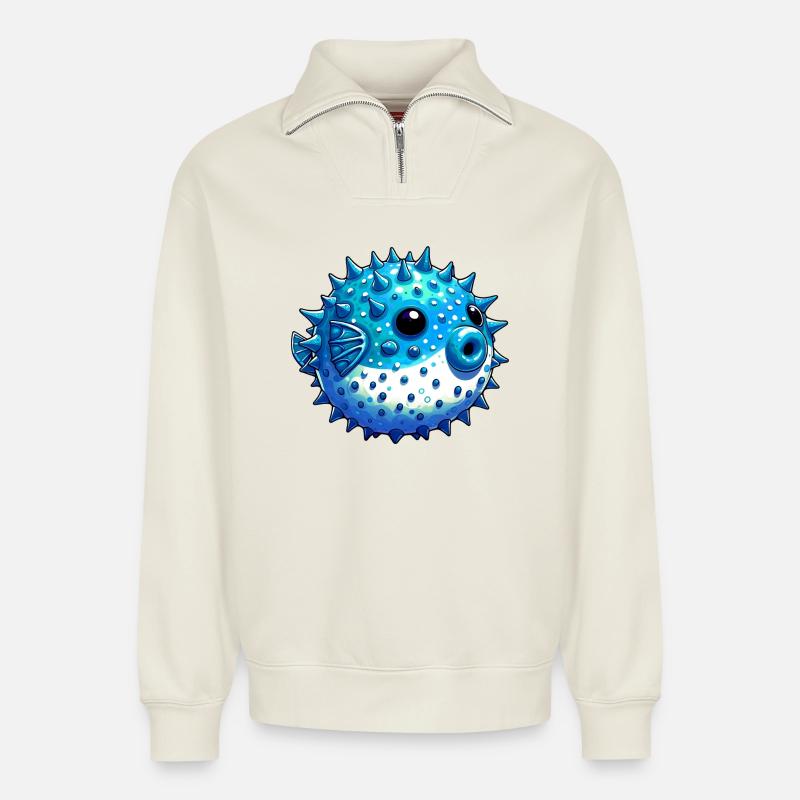Kugelfisch - Relaxed Unisex Organic Half Zip Sweatshirt – von SPREAD - Naturweiß