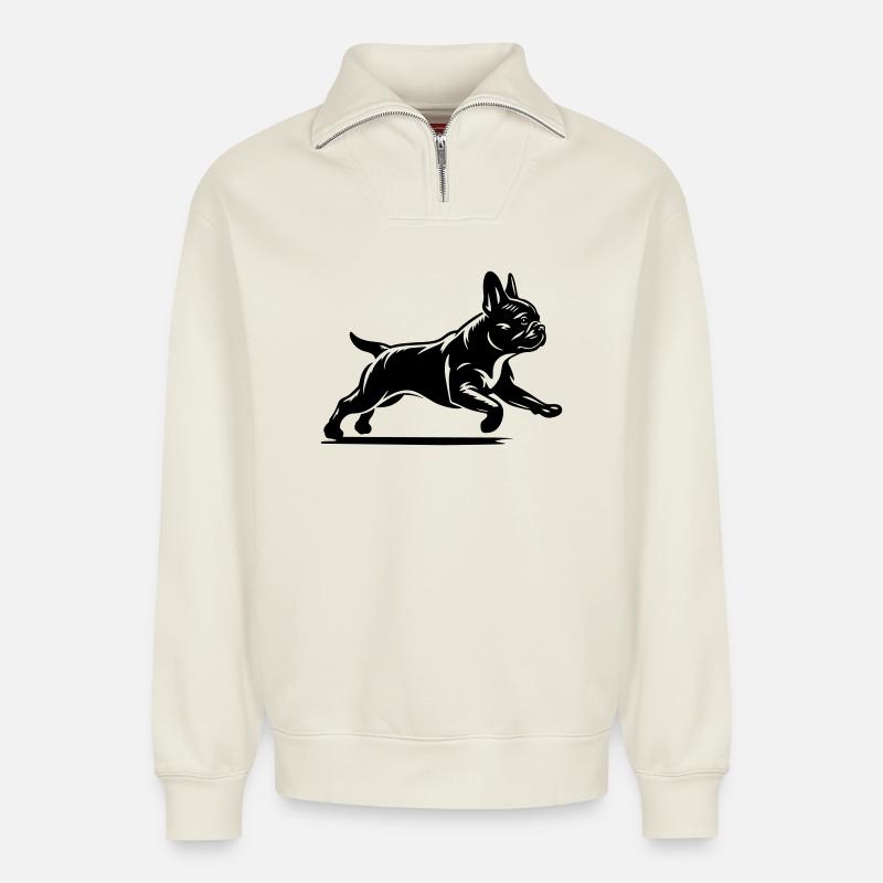 Bouledogue Français - Sweat unisexe décontracté en coton biologique à demi-zip – de SPREAD - blanc cassé