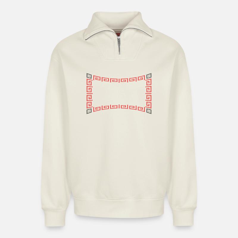 Frame pattern red - Relaxed Unisex Organic Half Zip Sweatshirt – by SPREAD - off white