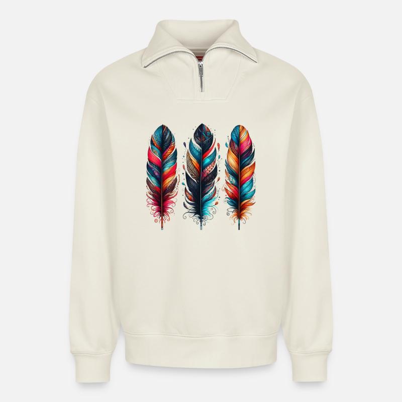Feathers - Relaxed Unisex Organic Half Zip Sweatshirt – by SPREAD - off white