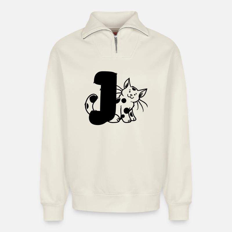 Lettre Chat J - Sweat unisexe décontracté en coton biologique à demi-zip – de SPREAD - blanc cassé