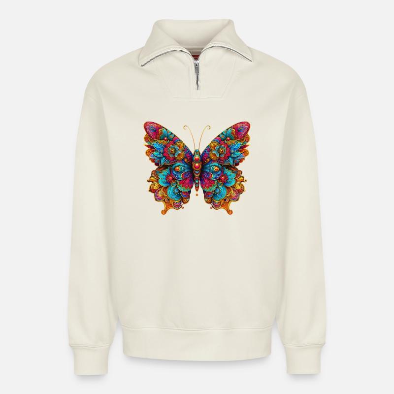 Papillon - Sweat unisexe décontracté en coton biologique à demi-zip – de SPREAD - blanc cassé