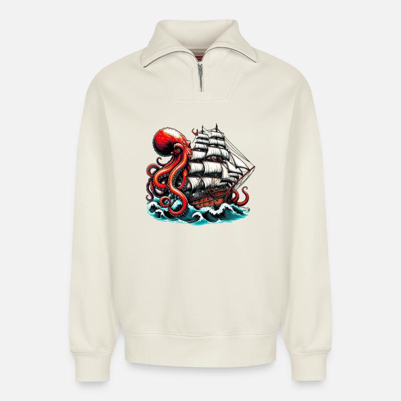 Krake - Relaxed Unisex Organic Half Zip Sweatshirt – von SPREAD - Naturweiß