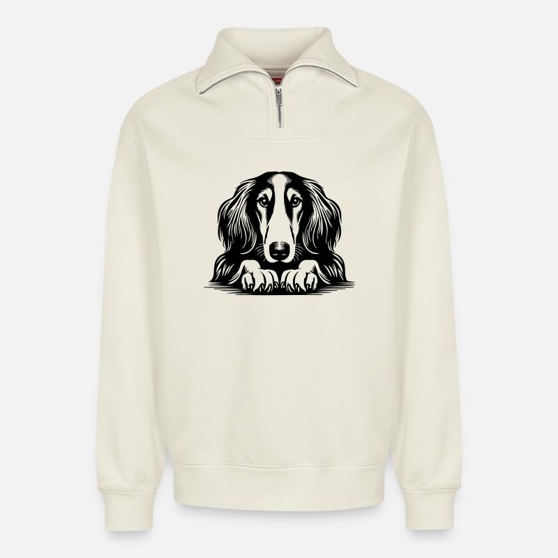 Saluki Head with Paws - Relaxed Unisex Organic Half Zip Sweatshirt – by SPREAD - off white