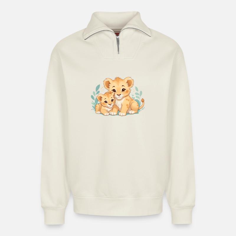 kuschelnde Löwenbabys - Relaxed Unisex Organic Half Zip Sweatshirt – von SPREAD - Naturweiß