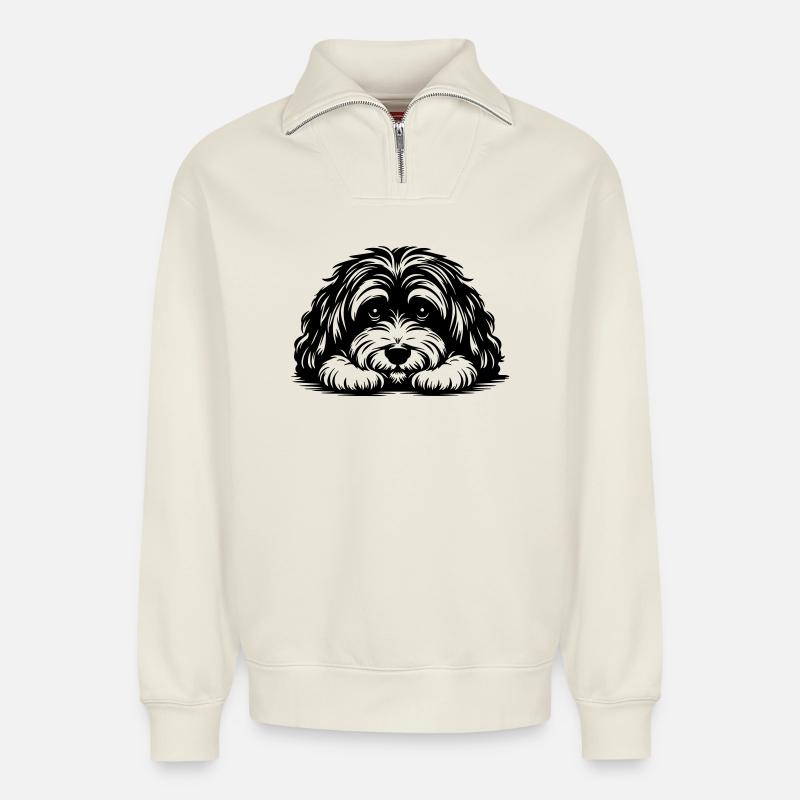 Havanese head with paws - Relaxed Unisex Organic Half Zip Sweatshirt – by SPREAD - off white