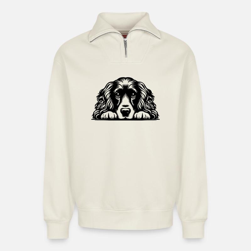 Cocker Spaniel Kopf mit Pfoten - Relaxed Unisex Organic Half Zip Sweatshirt – von SPREAD - Naturweiß