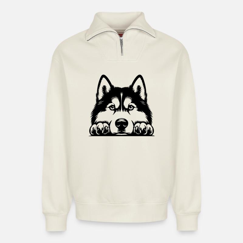 Husky head with paws - Relaxed Unisex Organic Half Zip Sweatshirt – by SPREAD - off white