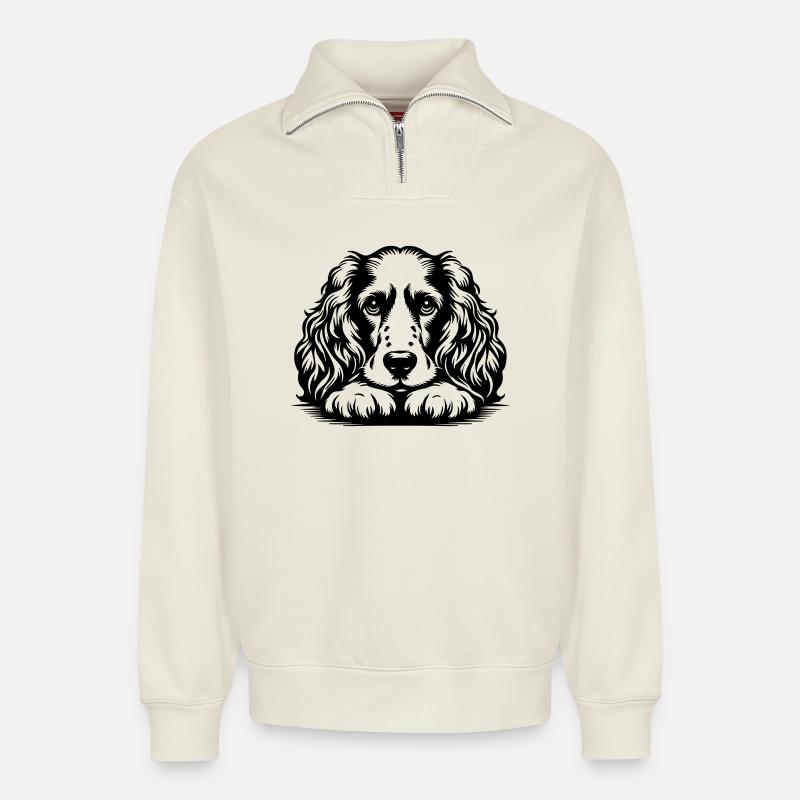 Cocker Spaniel Kopf mit Pfoten - Relaxed Unisex Organic Half Zip Sweatshirt – von SPREAD - Naturweiß
