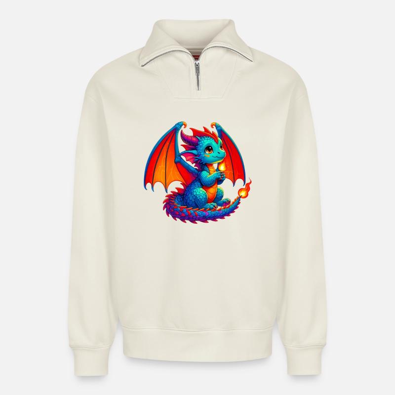 Drache - Relaxed Unisex Organic Half Zip Sweatshirt – von SPREAD - Naturweiß