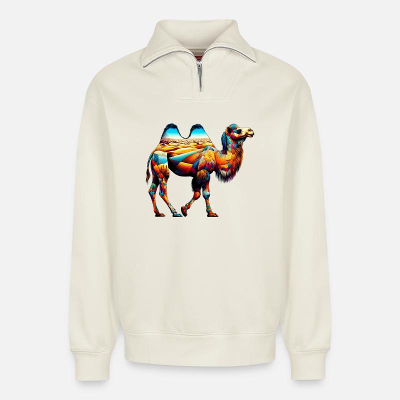 Kamel - Relaxed Unisex Organic Half Zip Sweatshirt – von SPREAD - Naturweiß