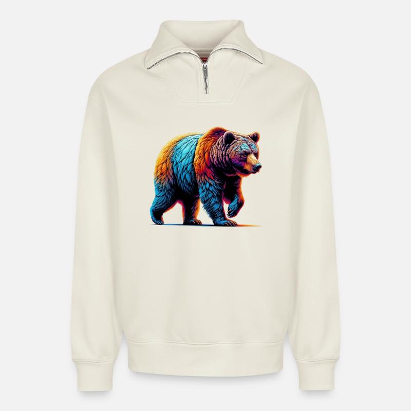 Ours - Sweat unisexe décontracté en coton biologique à demi-zip – de SPREAD - blanc cassé