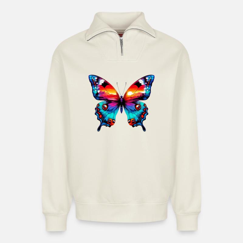 Papillon - Sweat unisexe décontracté en coton biologique à demi-zip – de SPREAD - blanc cassé