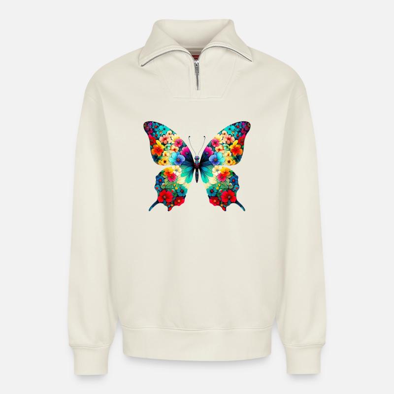 Papillon - Sweat unisexe décontracté en coton biologique à demi-zip – de SPREAD - blanc cassé