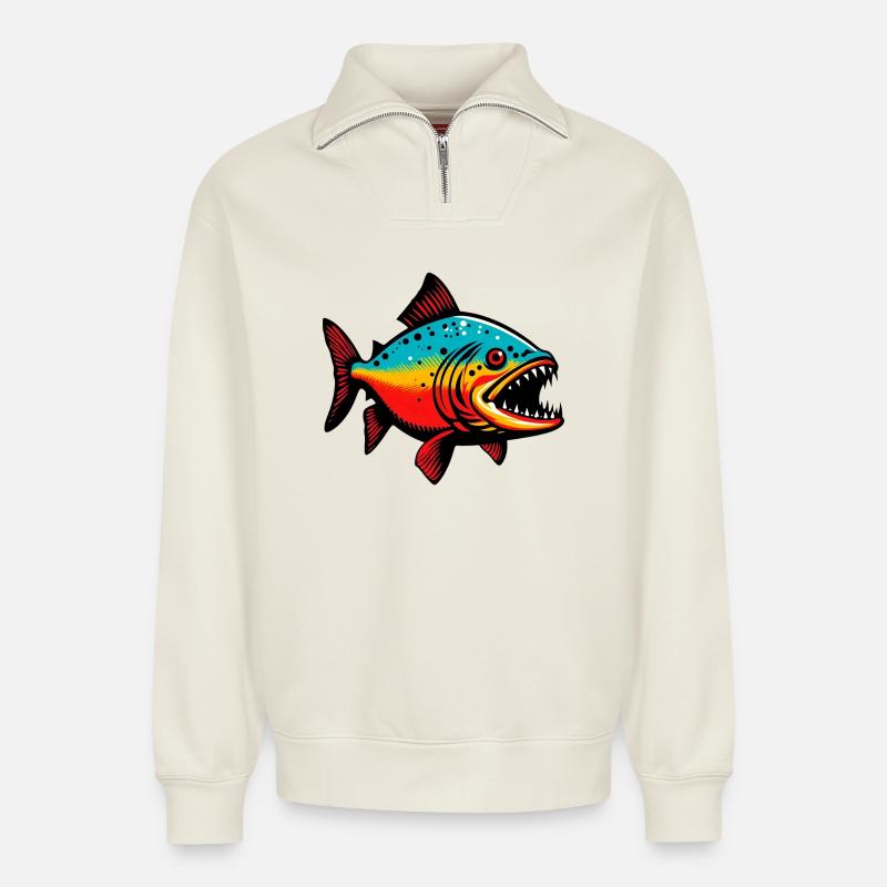 Piranha - Relaxed Unisex Organic Half Zip Sweatshirt – von SPREAD - Naturweiß