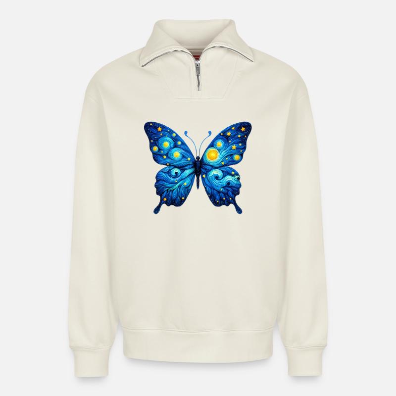 Papillon - Sweat unisexe décontracté en coton biologique à demi-zip – de SPREAD - blanc cassé