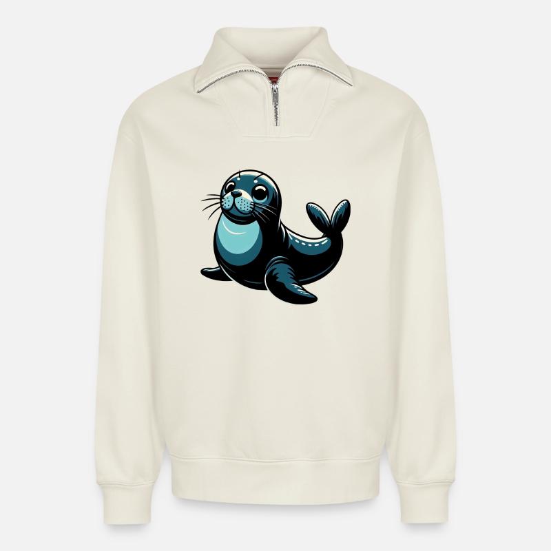 Phoque - Sweat unisexe décontracté en coton biologique à demi-zip – de SPREAD - blanc cassé