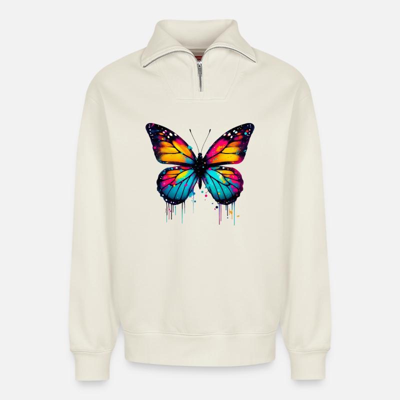 Papillon - Sweat unisexe décontracté en coton biologique à demi-zip – de SPREAD - blanc cassé