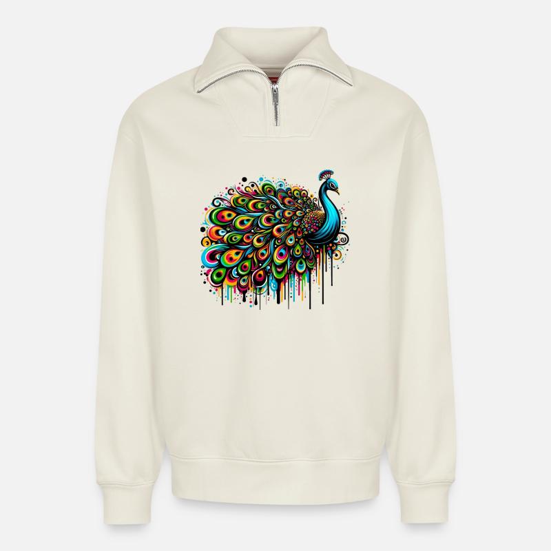 Pfau - Relaxed Unisex Organic Half Zip Sweatshirt – von SPREAD - Naturweiß