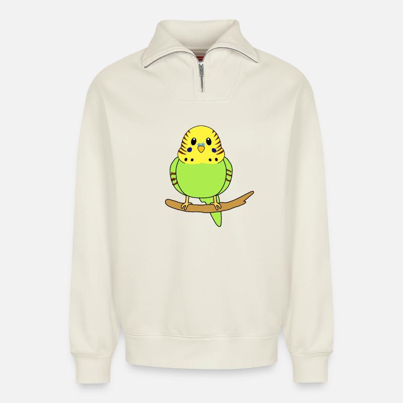 Perruche ondulée - Sweat unisexe décontracté en coton biologique à demi-zip – de SPREAD - blanc cassé