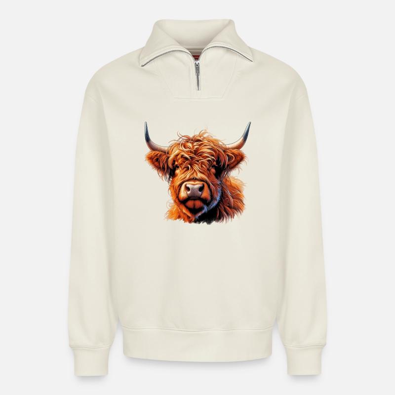 Vache écossaise des Highlands - Sweat unisexe décontracté en coton biologique à demi-zip – de SPREAD - blanc cassé