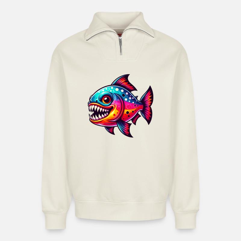 Piranha - Relaxed Unisex Organic Half Zip Sweatshirt – von SPREAD - Naturweiß